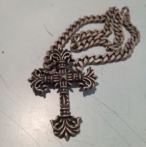 Large Ornate Filagree Cross With Chunky Steel Choker Chain